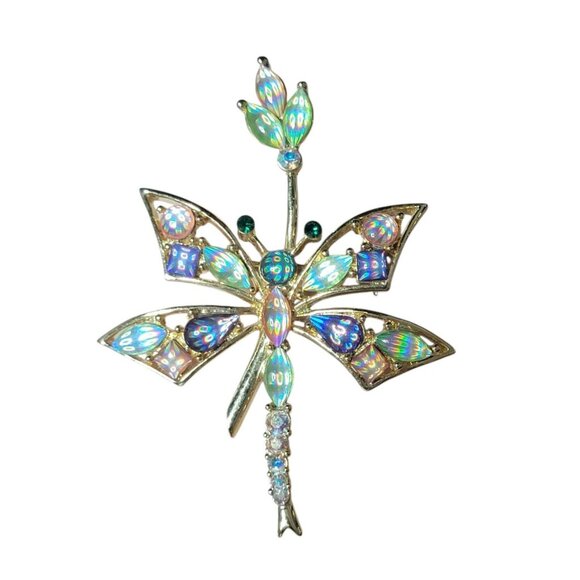 Gold-Tone Dragonfly Brooch With Iridescent Rhinestones Blue Pink Green Accents - Picture 1 of 8
